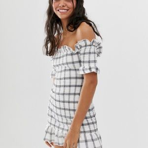 ASOS DESIGN off shoulder check shirred sundress